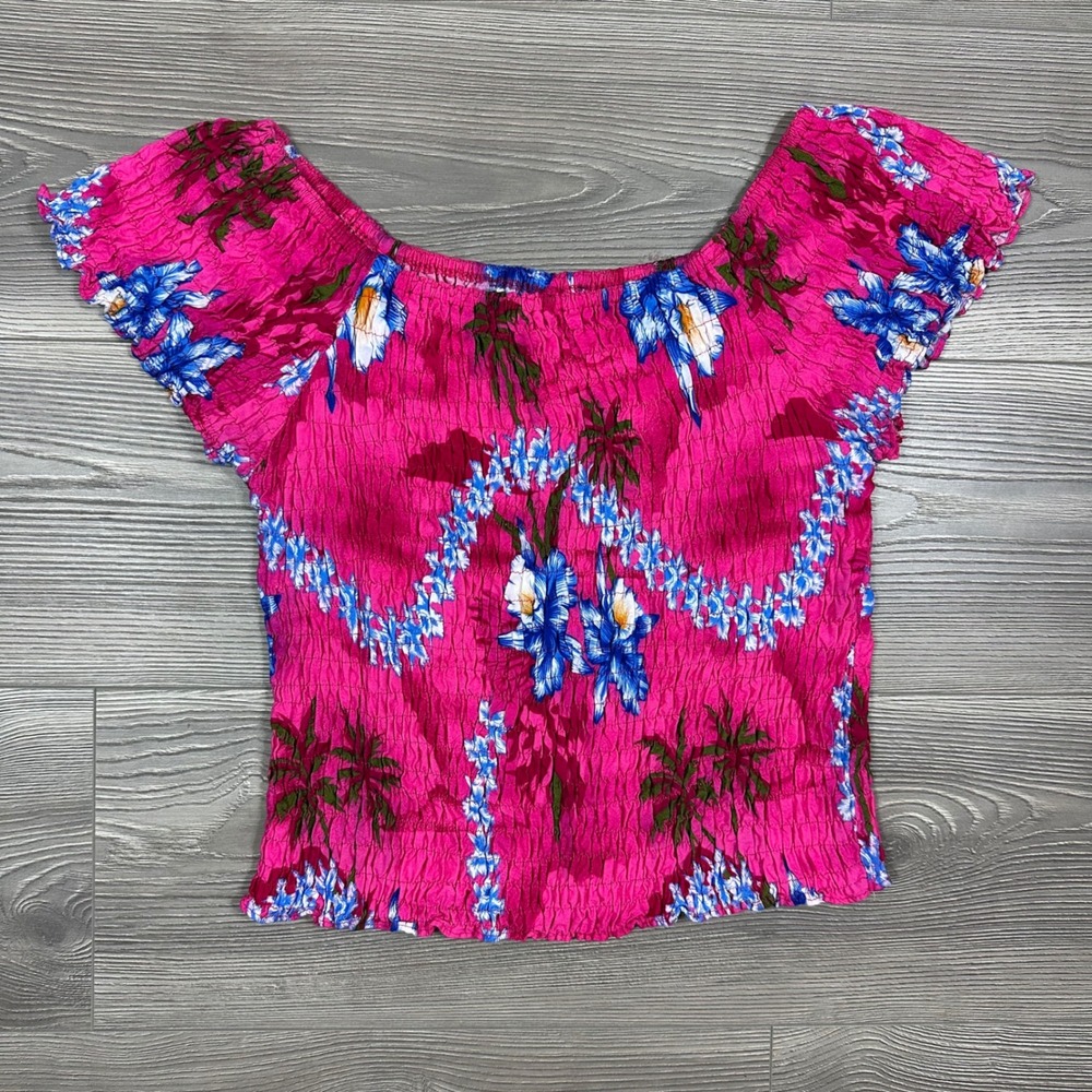 Pink Ruched Tropical Off The Shoulder Top‎ - ONE SIZE Hibiscus Vacation Summer